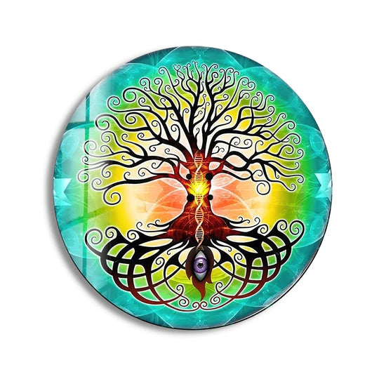 With its blend of cool green and warm yellow hues, the captivating background enhances the Mandala Round Tree of Life print wall art.