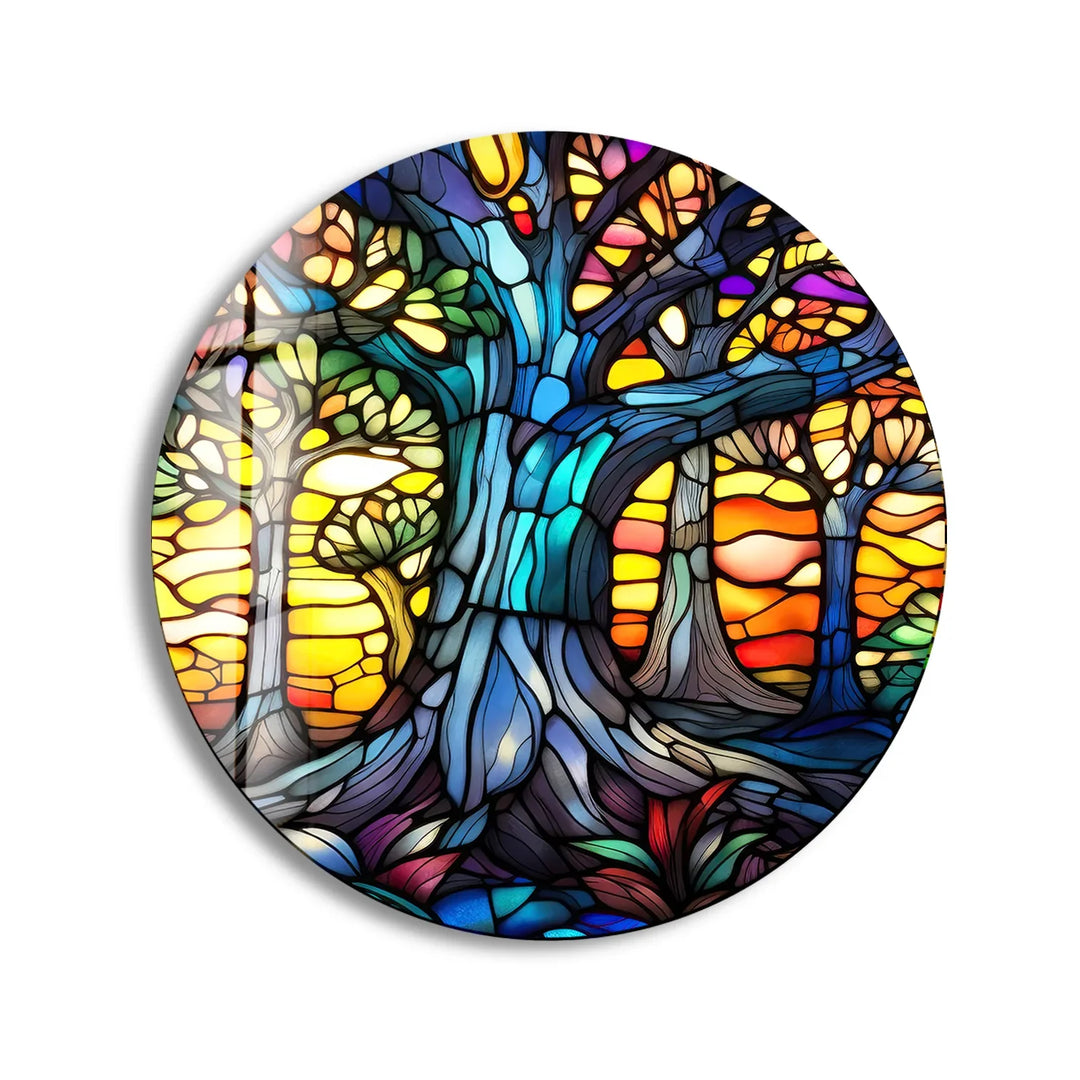 Stained Glass Tree of Life Wall Art – Round Vibrant Forest Print for Spiritual Home Decor - MyPhotoStation