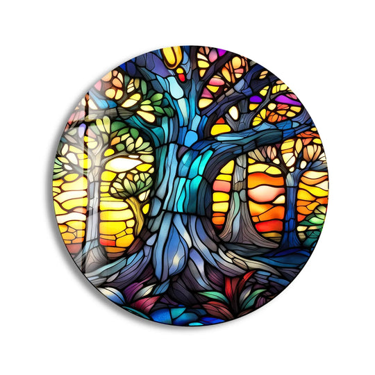 The realistic detail showcases the intricate, colorful patterns of this mystic grove stained glass tree round wall art, highlighting the expert craftsmanship of the glass art.