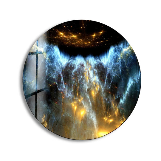 Featuring rich surface texture, the blue and gold abstract round tempered glass wall art showcases a smooth, reflective quality with textured abstract patterns.