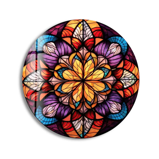 Featuring the geometric elements of vibrant mandala stained glass wall art, this piece exemplifies tempered glass wall art with its colorful, abstract floral design in a round print.