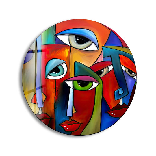 Horizontal, round, colorful cubist face art exemplifies the best glass art, featuring abstract decor with modern Picasso-style faces.