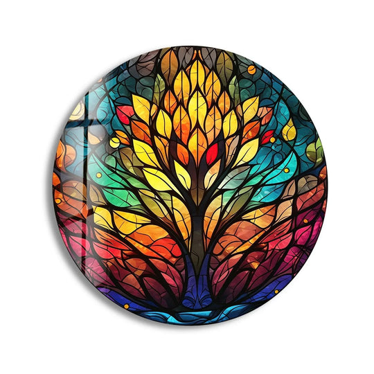 The realistic detail showcases the vibrant colors and intricate lead lines in this tree design stained art from glass, creating a stunning round wall art piece.