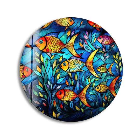Stained Fish Paint Round Glass Wall Art glass pictures for Wall, glass prints wall art
