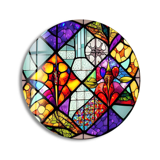 Highlighting the edge, this round glass wall art showcases a clean border framing the colorful shapes and patterns through quality glass printing.