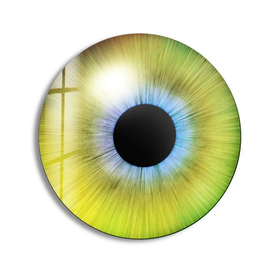 Organic forms define this round glass wall artwork showcasing the vibrant green eye design, a captivating piece of modern vision decor.