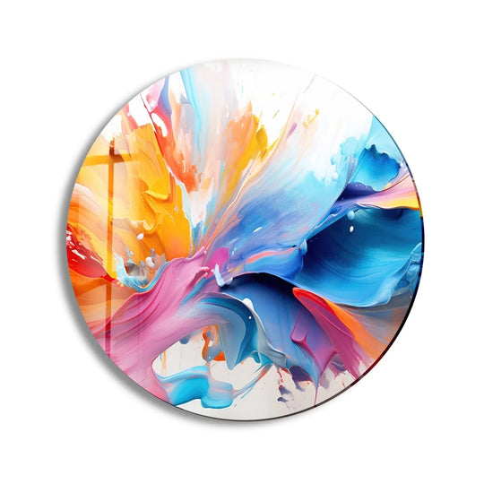 Highlighting the layering effect, this round orange and blue abstract glass art painting showcases depth with vibrant hues blending in an artistic composition.