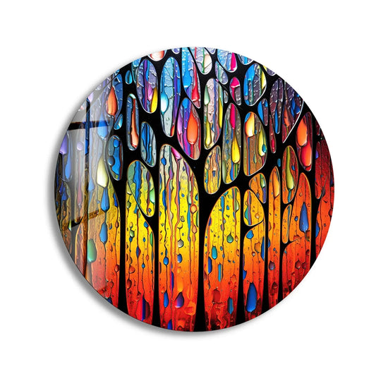 Negative space defines the colorful, abstract drips of the 'Stained Round Raining Paint' glass wall art, creating a truly unique modern wall decor piece.