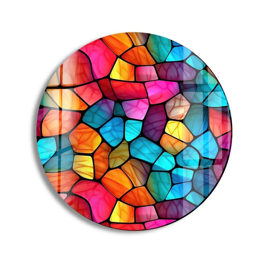 Geometric shapes create a visually captivating stained glass effect with this colorful round glass wall art, providing vibrant home decor with its mosaic-like design.