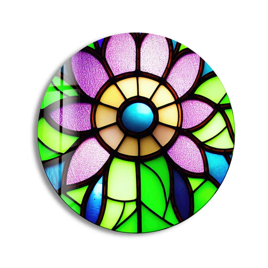 With intense color saturation, this round stained glass flower wall art print showcases vibrant hues, making it a striking addition to wall art prints.