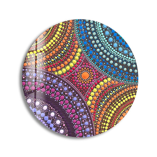 The softest element is the subtle color gradations of art from glass, creating mesmerizing concentric rings in this colored dots round glass wall art.
