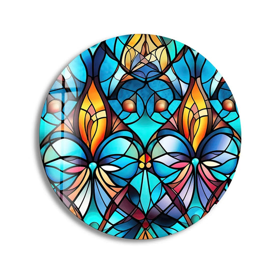 Circular, horizontally oriented mosaic glass wall art showcases intricate blue patterns creating a stunning art from glass masterpiece.