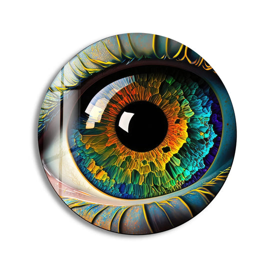 The round glass rainbow eye wall art presents the softest element, the eye's corner, as a stunning example of vibrant, colorful abstract art from glass.