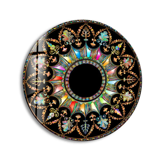Softest iridescent hues illuminate this radiant mandala round abstract glass art, adding a vibrant burst of color to this stunning example of glass art.