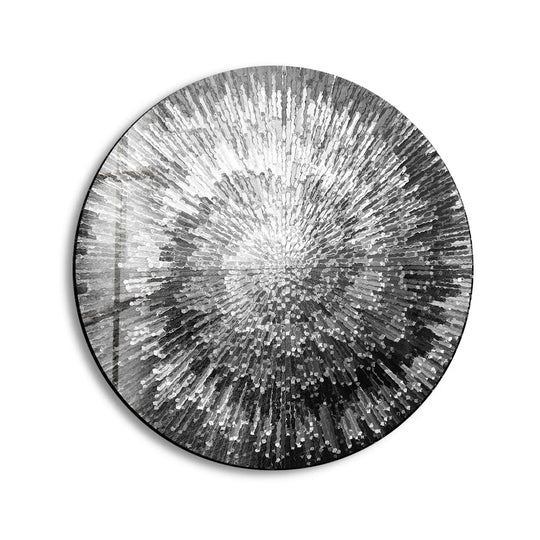Radiating from the focal point, this silver abstract round glass wall art decor showcases a mesmerizing burst of light and shadow, creating a stunning visual display.