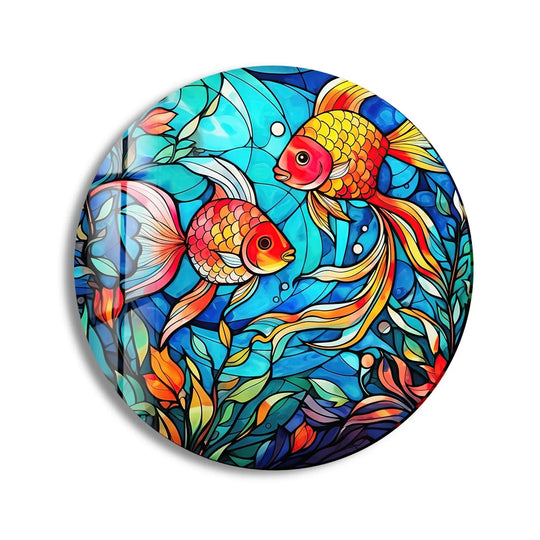 Brilliant hues define the loudest element in this stained little fishes round glass wall art, a vibrant choice among stunning wall prints.