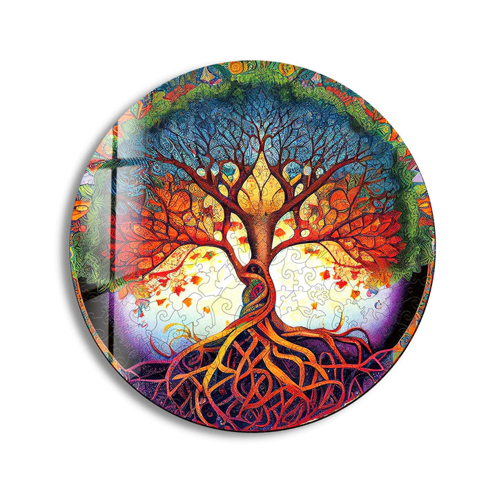 Psychedelischer Lebensbaum, runde Glaswandkunst – lebendige spirituelle Wohndekoration