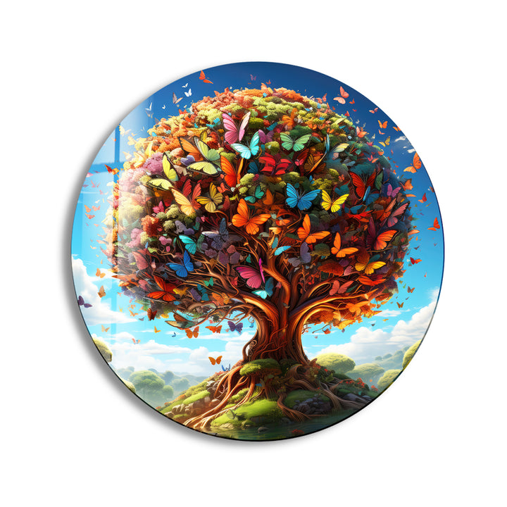Butterfly Tree of Life Round Glass Wall Art – Vibrant Nature Decor for Living Room