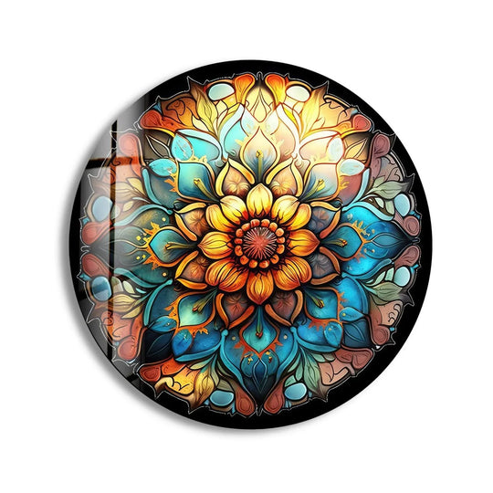 Warm yellows and oranges gradually transition to cool blues and teals in this Mandala Round Flower best glass art, creating a captivating color temperature contrast.