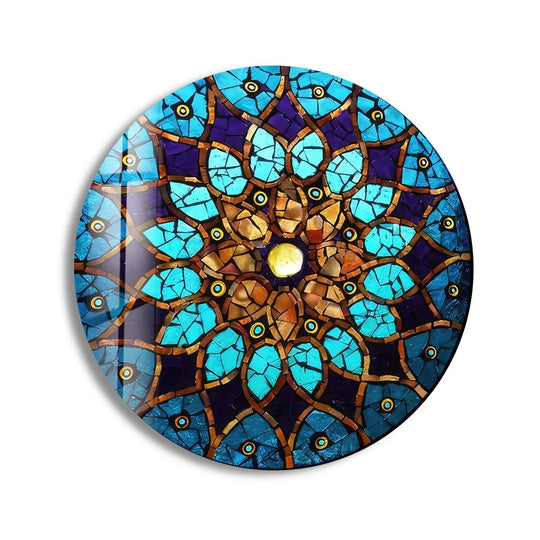 At the focal point, the sun-like center highlights the intricate blue mosaic design in this round tempered glass wall art.