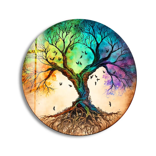With cool blues transitioning to warm yellows, this round tree of life glass wall art decor makes for a vibrant, temperature-balanced piece.