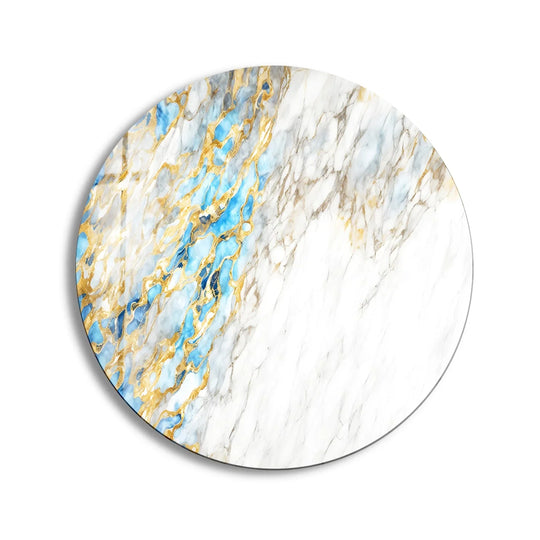 Stillness captures the elegant, round wall art's luxurious marble design, a serene glass art painting featuring flowing gold and blue hues on tempered glass.