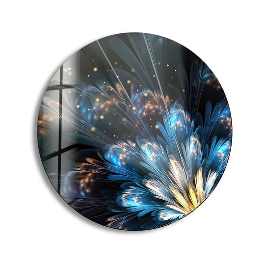 Showcasing the layering effect, this bright blue flower round glass print wall art creates depth with luminous petals and delicate light bursts.