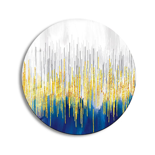 Flowing, vertical lines of gold and white emulate natural organic forms in this abstract round glass wall art decor, enhanced by a deep blue base.