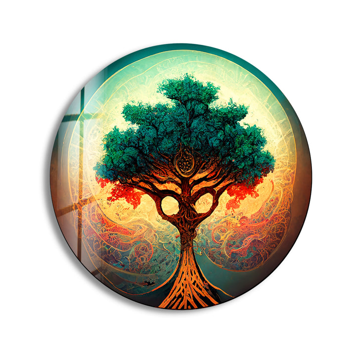 Mystical Tree of Life Round Wall Art – Vibrant Abstract Glass Decor for Modern Homes