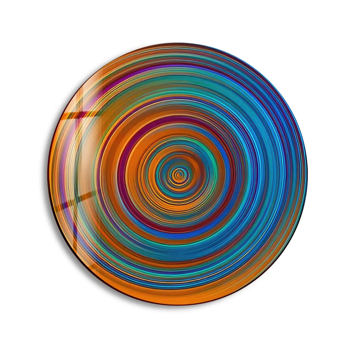 Vibrant color contrast defines this round glass wall art, with concentric circles shifting between warm oranges and cool blues in an eye-catching display of glass art.