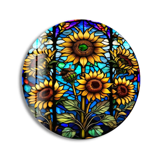 Light and shadow play across the sunflower stained round glass wall art, highlighting the vibrant print wall art details of this unique floral design.
