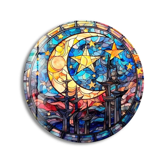 Swirling with organic forms, the stained moon and stars round glass wall art features a vibrant glass art painting depiction of a celestial scene.