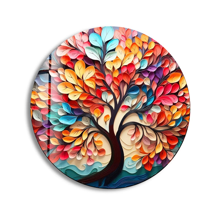 Whimsical Rainbow Tree Round Wall Art – Multicolor Glass Wall Decor for Living Room & Office - MyPhotoStation