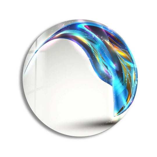 Optimistic mood shines through this fantastic blue abstract round art from glass, a captivating wall art piece with vibrant colors.