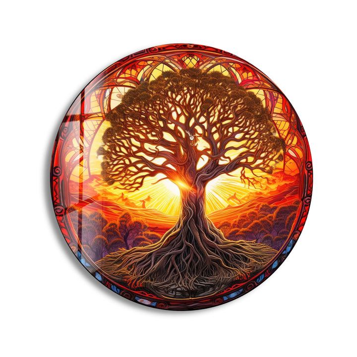 Runde Wandkunst „Baum des Lebens“ bei Sonnenuntergang – Lebendiges Glasdekor für naturinspirierte Räume