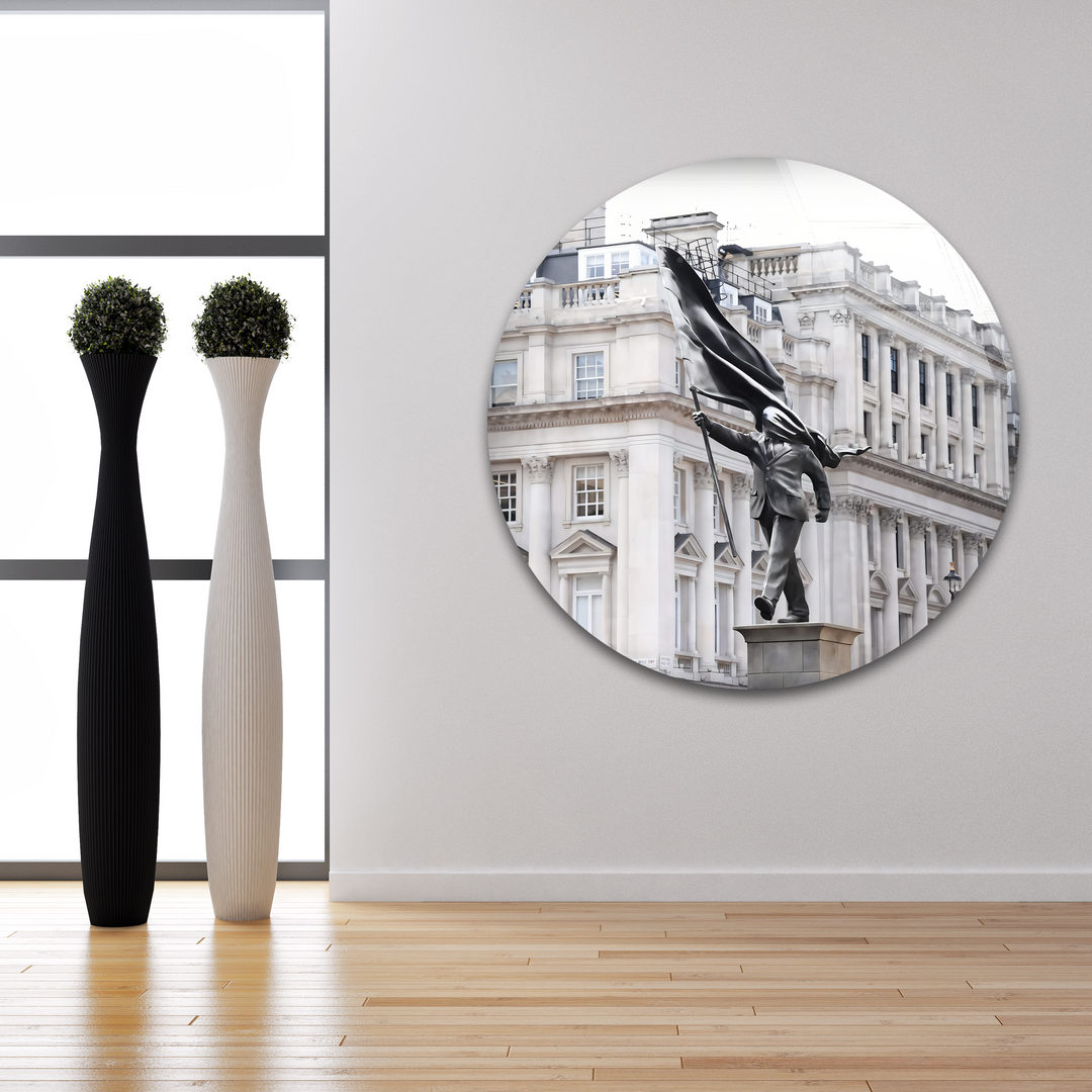 The darkest area reveals the dramatic, wind-blown black flag on the Banksy Statue in London best glass art.