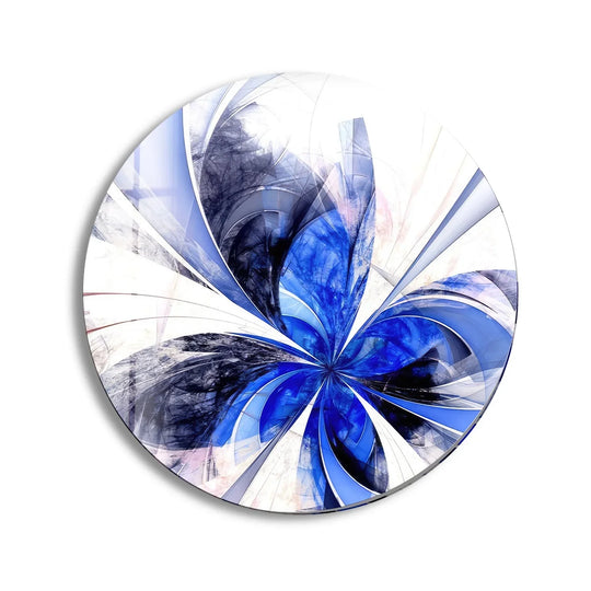 Translucent glass printing captures the gradient shifts in the blue fractal flower round glass wall art, where inky depths lighten into airy, abstract hues.
