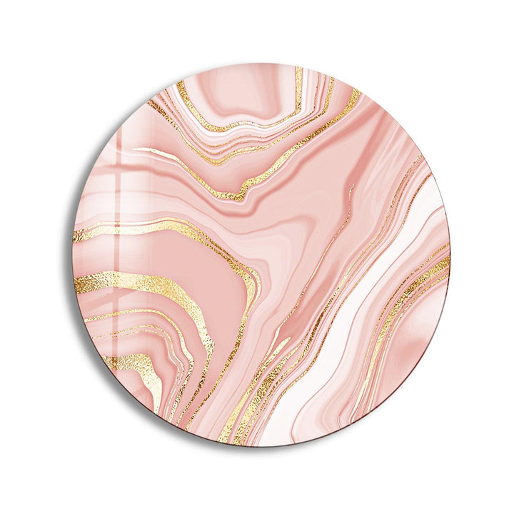 Pink Abstract with Gold Details Round Glass Wall Art print picture on glass, Tempered Glass Wall Art
