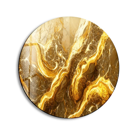 Flowing streaks of golden hues capture the dynamic sense of movement in this gold marble abstract round glass wall artwork, creating a captivating visual experience.
