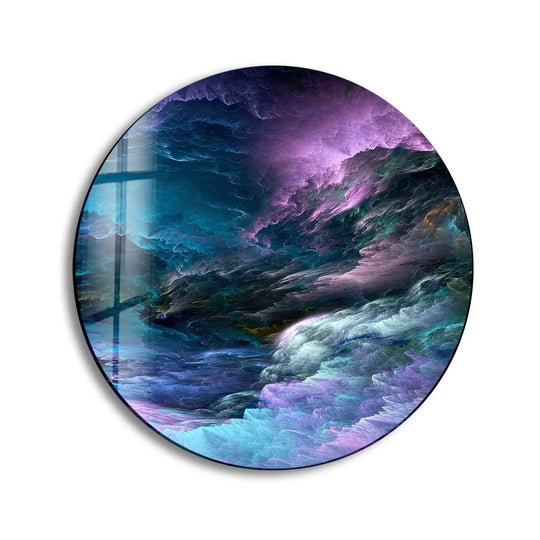 The darkest area features swirling shades in this round purple and blue storm hanging wall art, with dynamic brushstrokes that create an ethereal glass decor piece.