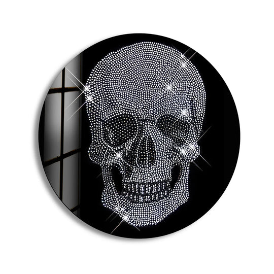 Sparkling crystals seem to swirl across this crystal skull round glass decor, giving a kinetic sense of movement in this unique wall art prints piece.