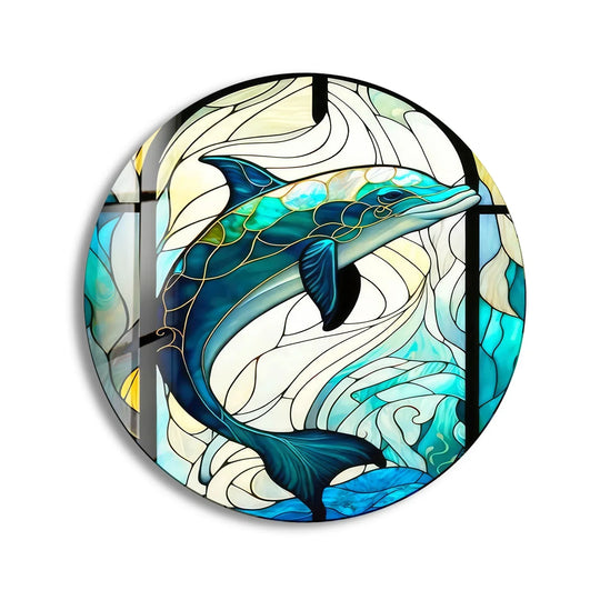 Stillness in the stained dolphin round glass wall art captures an ocean scene frozen in time, a serene piece of home decor.
