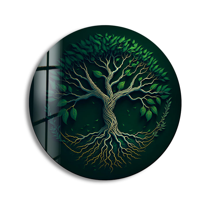 Green Tree of Life Wall Art – Round Glass Wall Decor for Modern Spaces