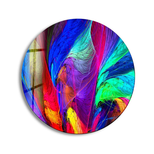 Swirling neon colors create a vibrant sense of movement in this abstract round art from glass wall art.