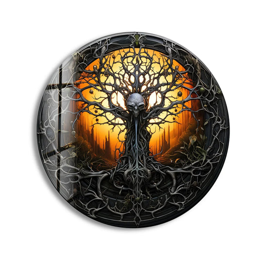 Warm color temperature dominates this round glass printing wall art, showcasing a dead tree with skull in sunset tones, perfect for dramatic interiors.