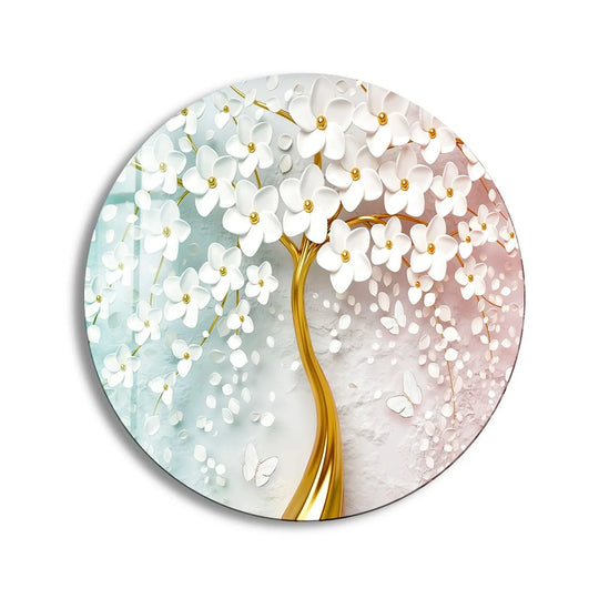 Taking center stage, the golden tree trunk anchors this round glass wall art, blooming with elegant white flowers in a striking glass art design.