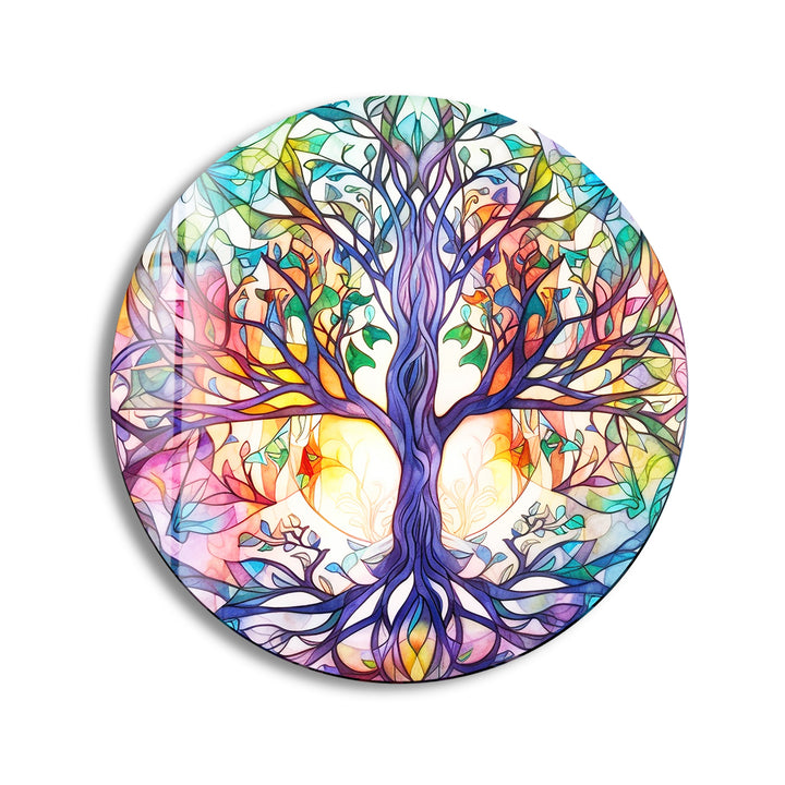 Rainbow Tree of Life Round Wall Art – Stained Glass Style Glass Decor