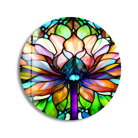 The darkest area highlights the depth of this stained round lotus glass wall art, a vibrant glass art painting with a captivating floral design.