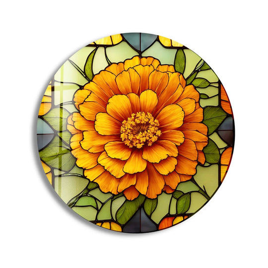 Soft, delicate marigold flower petals are the focus of this vibrant glass wall artwork, bringing a touch of bloom elegance to any space.