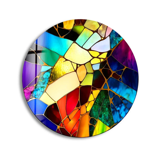 Dominant with a spectrum of vibrant hues, this multicolor round stained glass wall art presents a striking abstract mosaic, showcasing beautiful wall prints.